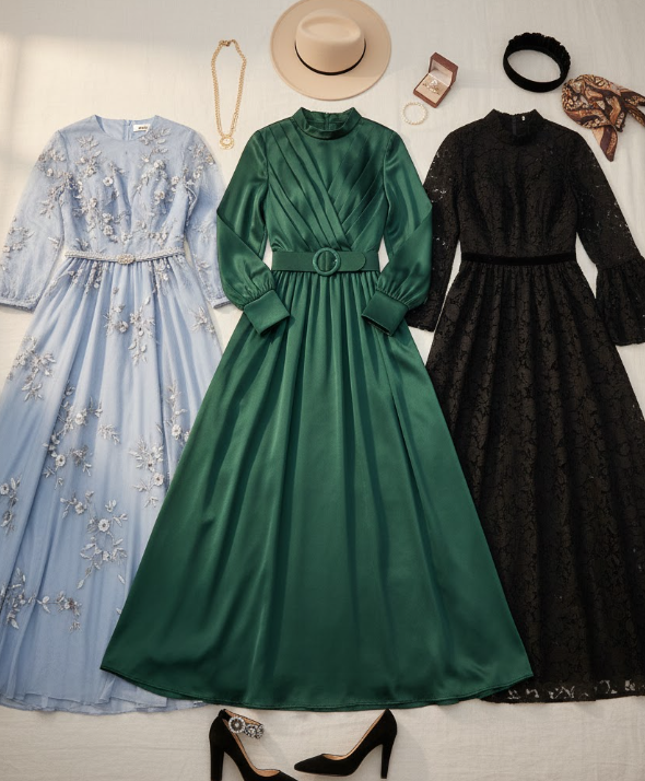 3 שמלות, אחת בתכלת, אחת בשחור ואחת בירוק